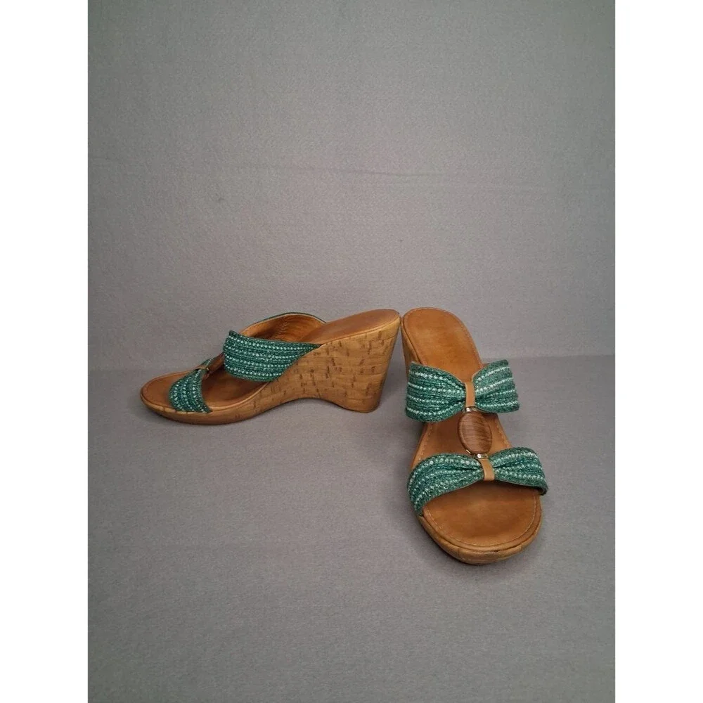 Italian Shoemakers Teal Beaded Cork Wedge Sandals Size 9 Boho Slide Heels